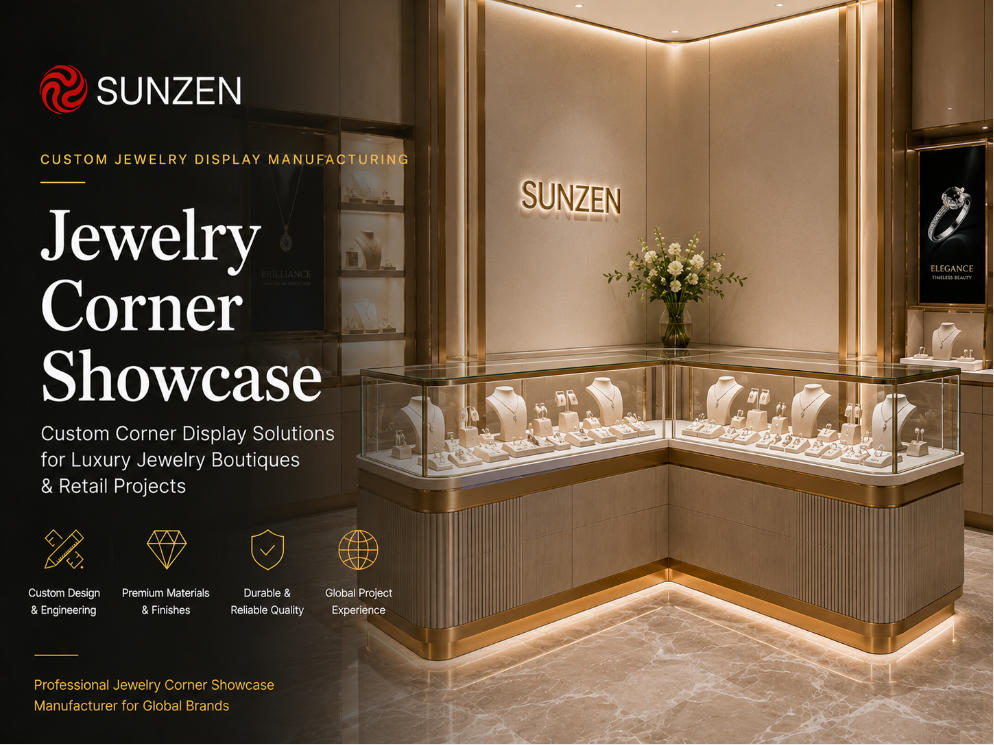 Luxury custom jewelry corner showcase manufactured by SUNZEN for jewelry retail stores